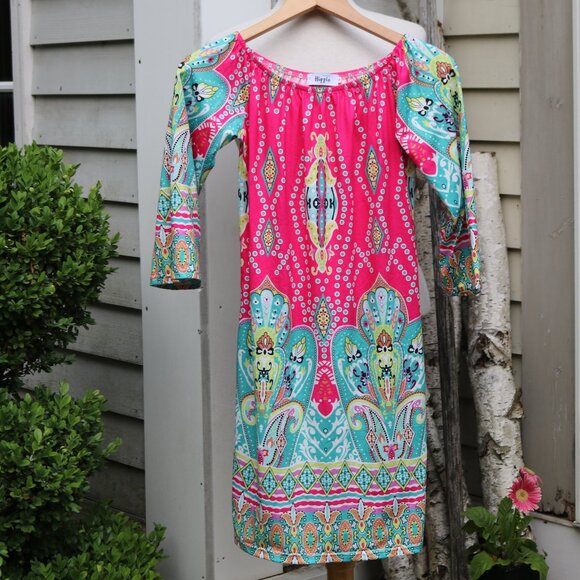 Mlitary Hippie Pink Aqua Multicolor Pattern Elastic Neck 3/4 Sleeve Knit Dress - Picture 1 of 5